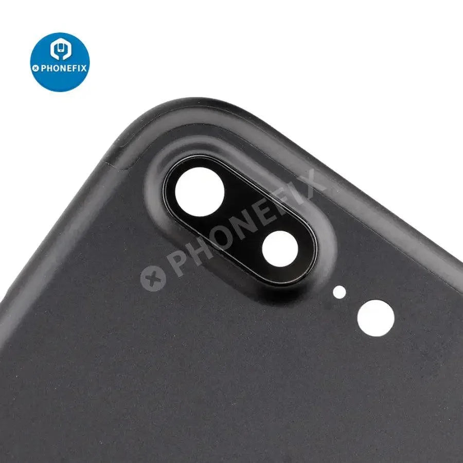 Red back glass replacement for iPhone 7 Plus by PHONEFIX, showing the new rear cover after installation.