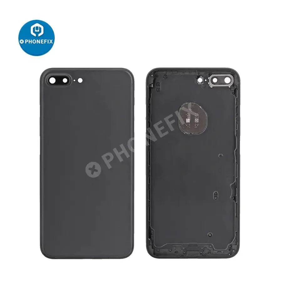Red iPhone 7 Plus back cover replacement with new glass, featuring PHONEFIX branding and a sleek, shiny finish.