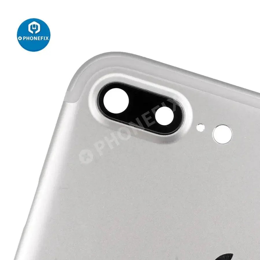 Red back glass replacement for iPhone 7 Plus by PHONEFIX, showing the newly installed rear cover with reflective finish.
