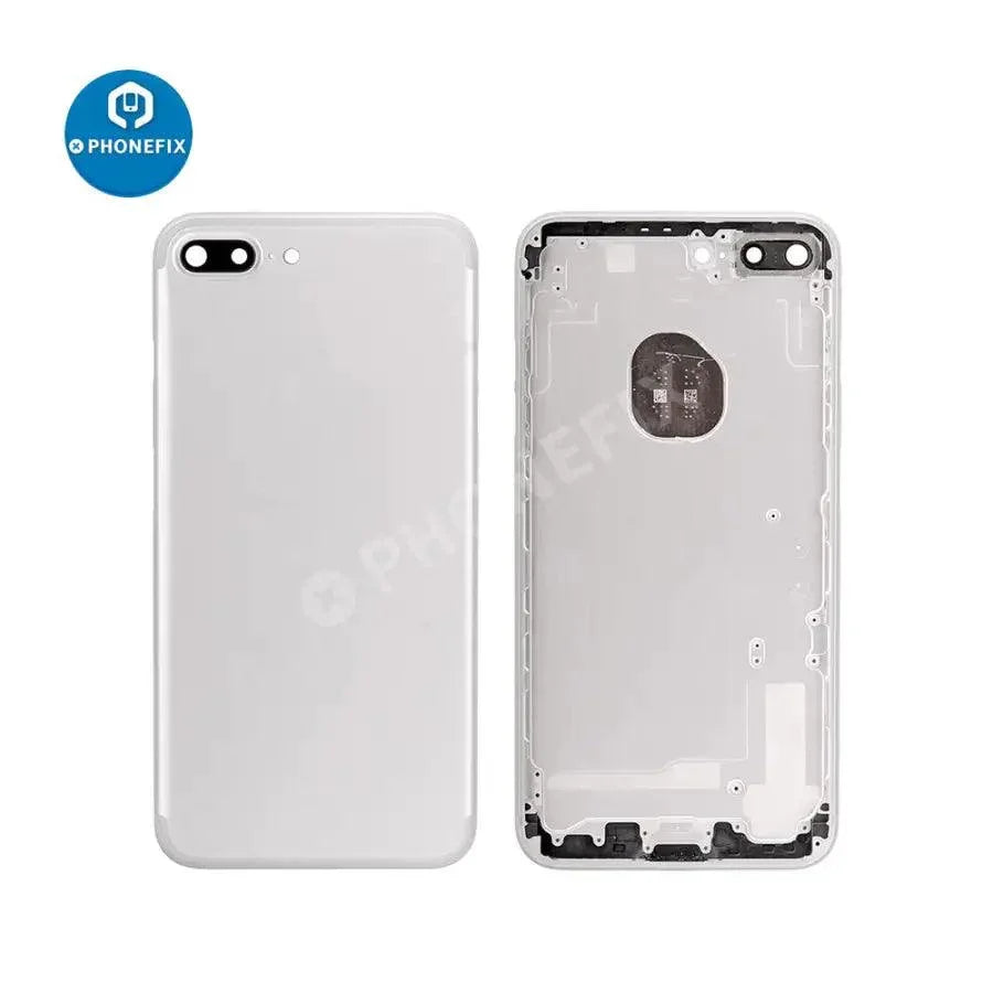 Red back glass replacement for iPhone 7 Plus by PHONEFIX, showing a newly installed rear cover on the device.