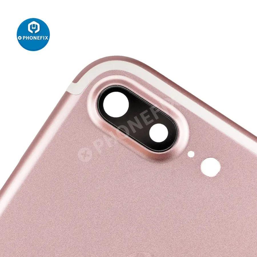 Red back glass replacement for iPhone 7 Plus by PHONEFIX showing the new rear cover after installation.