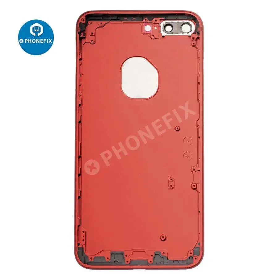 Red phone back cover replacement for iPhone 7 Plus, showing a glass back with PHONEFIX branding after installation.