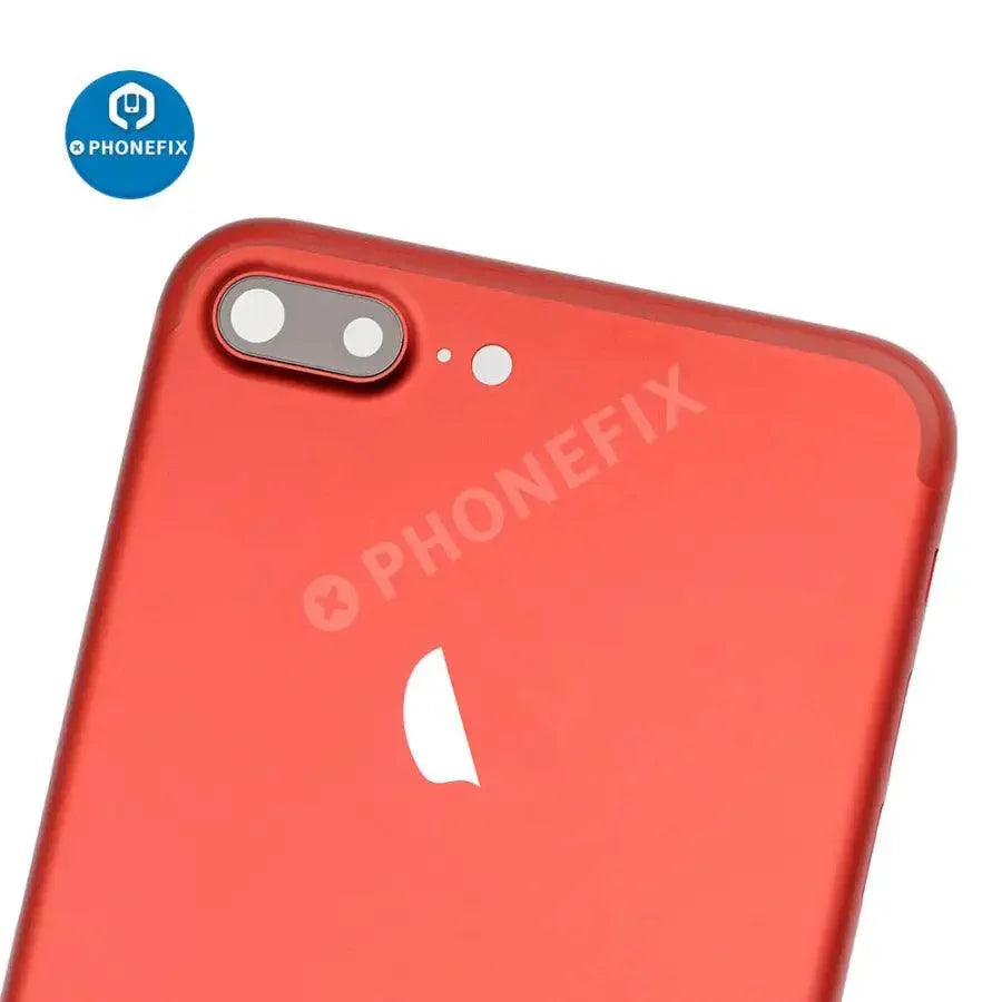 Red back glass replacement for iPhone 7 Plus with PHONEFIX back cover, showing the new fitted rear panel.