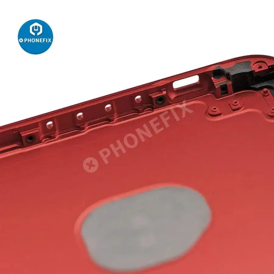 Red back glass replacement for iPhone 7 Plus, showing the PHONEFIX back cover after installation.