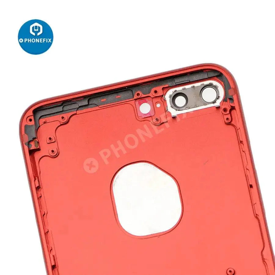 Red replacement back glass cover for iPhone 7 Plus, designed by PHONEFIX, showing the after-market rear phone back panel.