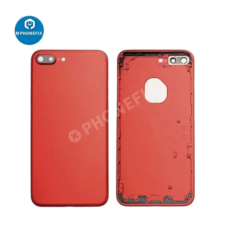 Red back glass replacement for iPhone 7 Plus by PHONEFIX, showing a new, glossy rear cover on the device.