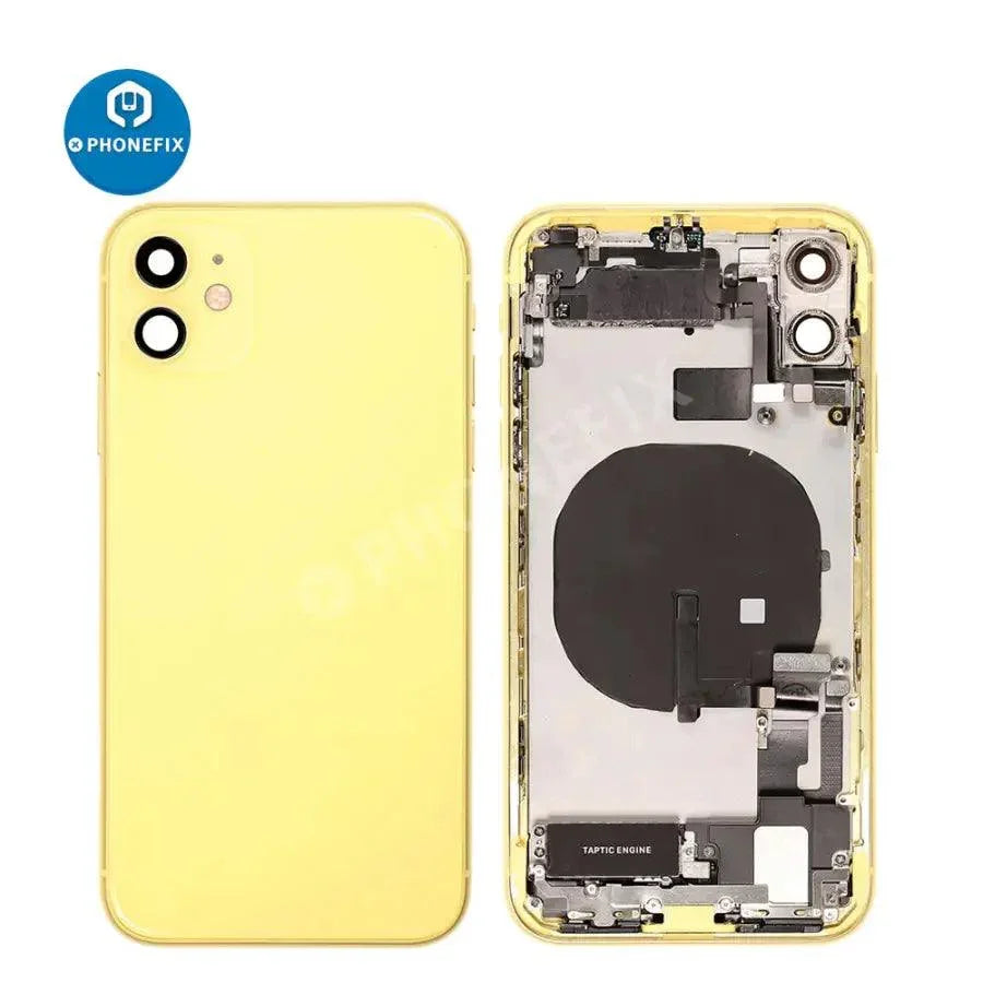 White PHONEFIX back glass full assembly replacement for iPhone 11, showing the repaired rear cover with intact glass and frame.