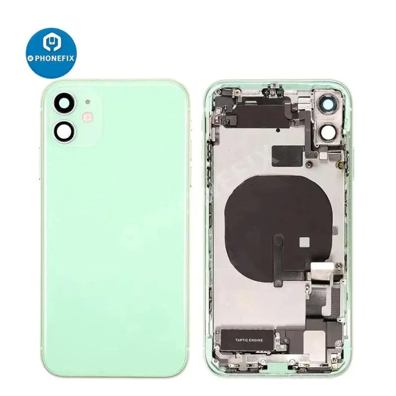 White iPhone 11 back cover assembly with glass replacement from PHONEFIX, showing the full rear view of the phone.