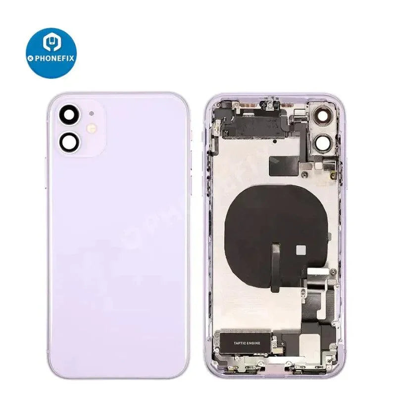 White PHONEFIX back glass full assembly replacement for iPhone 11, showing the repaired rear cover with sleek finish.