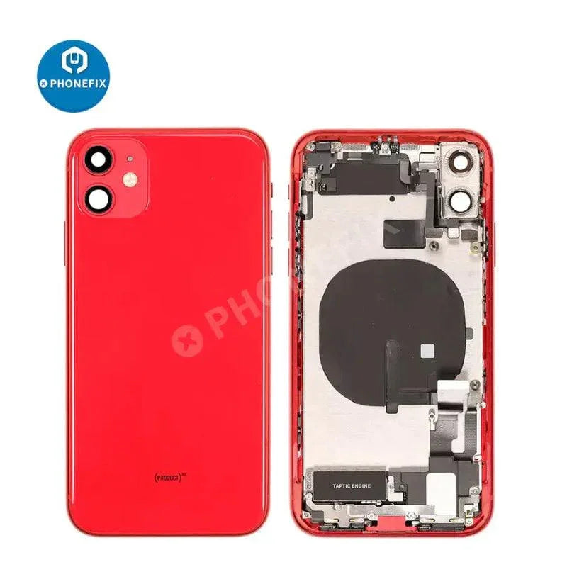 White PHONEFIX back glass replacement assembly for iPhone 11, showing the new full back cover after installation.