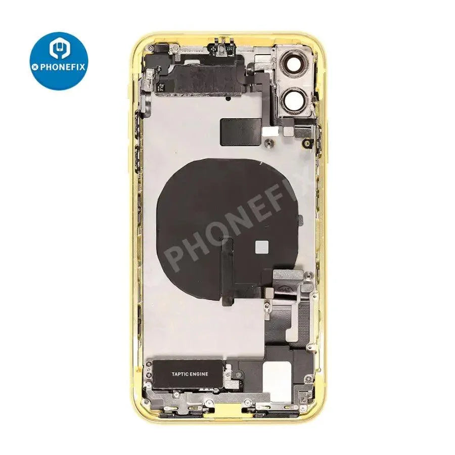 White back glass replacement for iPhone 11 by PHONEFIX, showing the full assembly with a clean, intact rear cover.