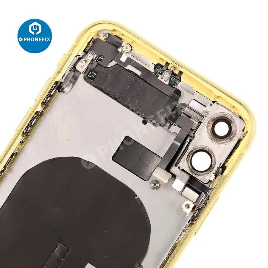 White PHONEFIX back glass replacement assembly for iPhone 11, showing the full rear cover with built-in camera cutout.
