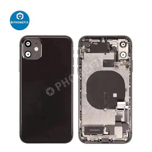 White PHONEFIX back glass replacement assembly for iPhone 11, showing the fully assembled rear cover after repair.