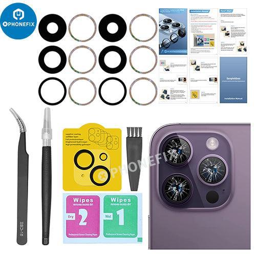 PHONEFIX back camera lens replacement tool kit for iPhone 12, 13, 14 Pro Max, includes tools for back glass repair.