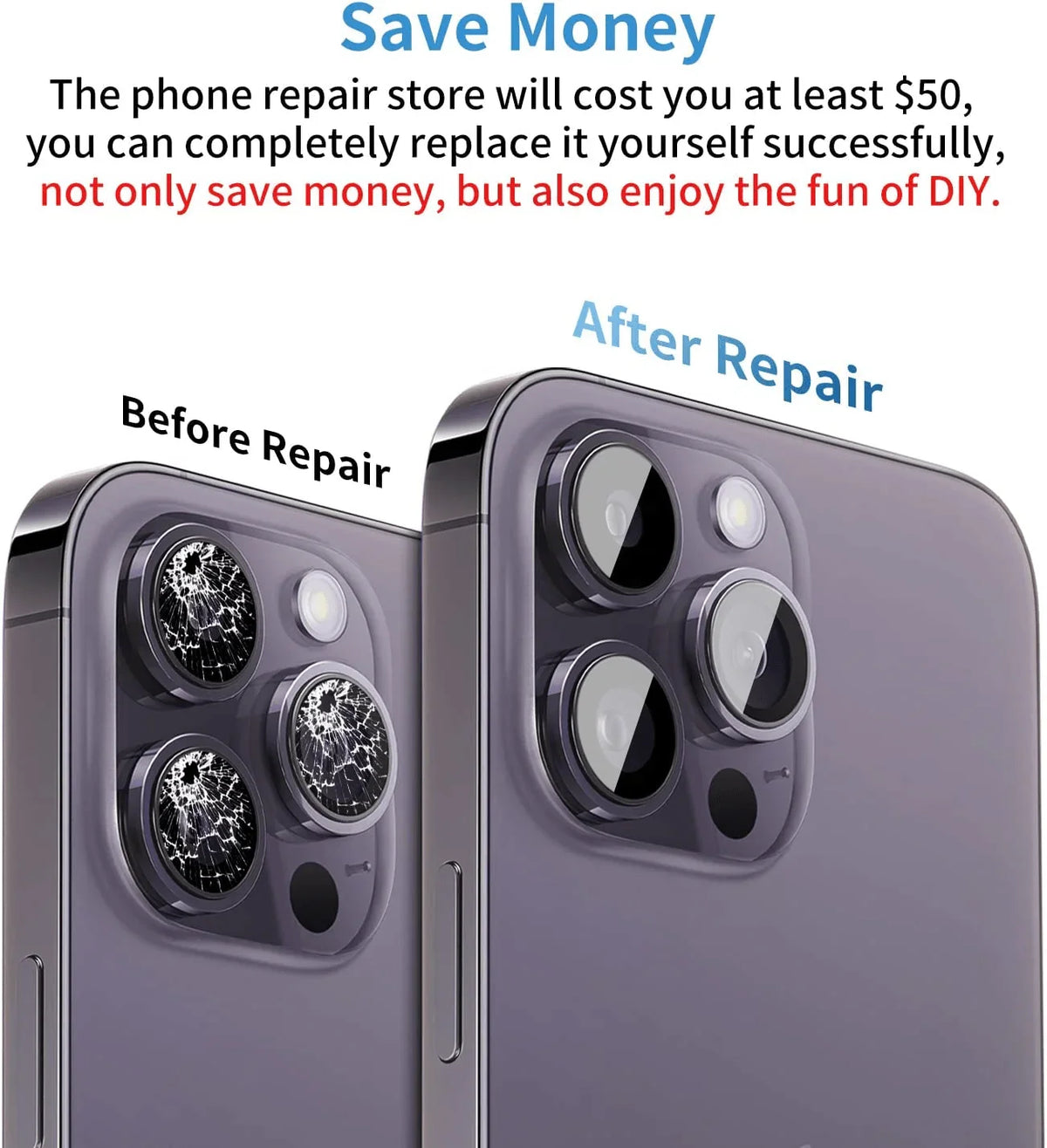 PHONEFIX back camera lens replacement tool kit for iPhone 12, 13, 14 Pro Max, includes tools for back glass repair.