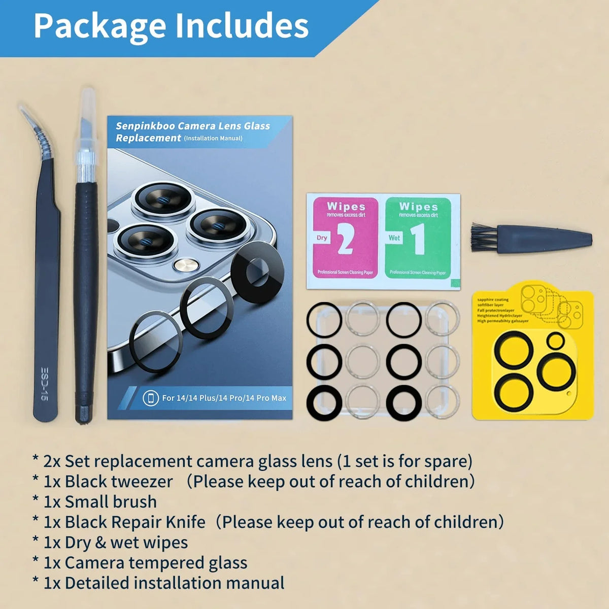 PhoneFix back camera lens replacement tool kit for iPhone 12, 13, 14 Pro Max back glass repair, includes tools and spare lens.