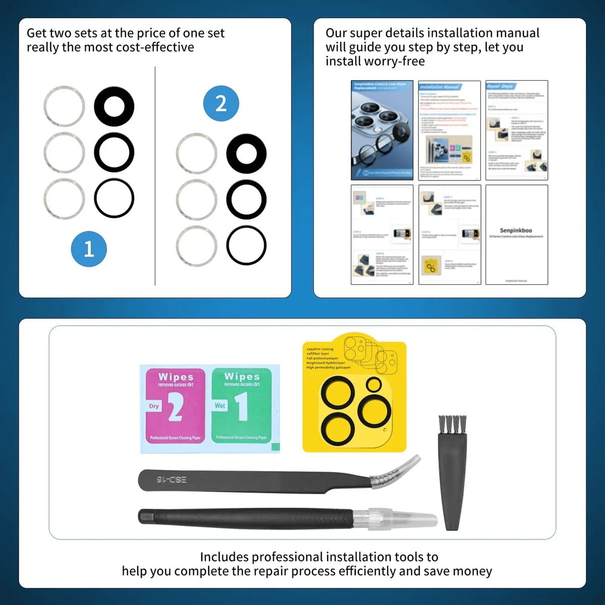 PhoneFix back camera lens replacement tool kit for iPhone 12, 13, 14 Pro Max, includes tools for back glass repair.