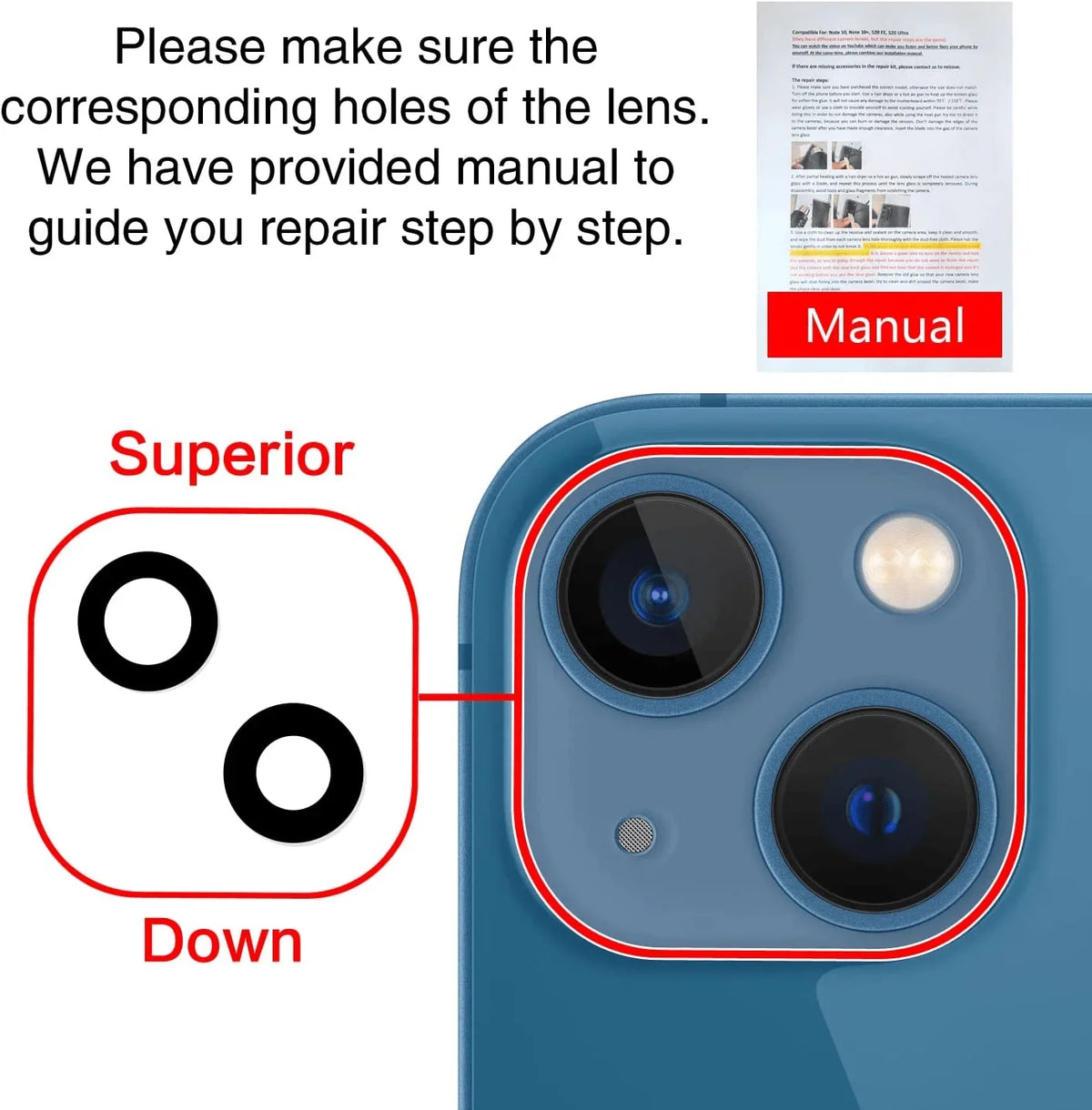 PhoneFix back camera lens replacement tool kit for iPhone 12, 13, 14 Pro Max, includes tools for back glass repair.
