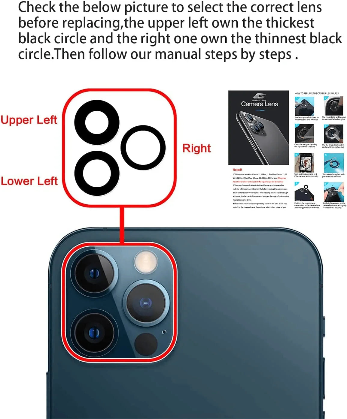 PHONEFIX back camera lens replacement tool kit for iPhone 12, 13, 14 Pro Max, includes tools for back glass repair.