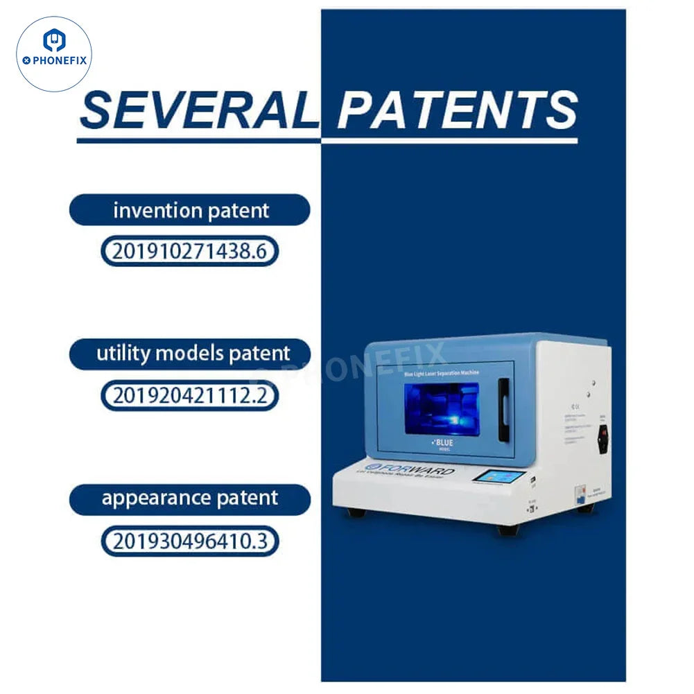 PHONEFIX blue light laser back glass removal machine for phone back glass replacement, shown with separation tools and equipment.