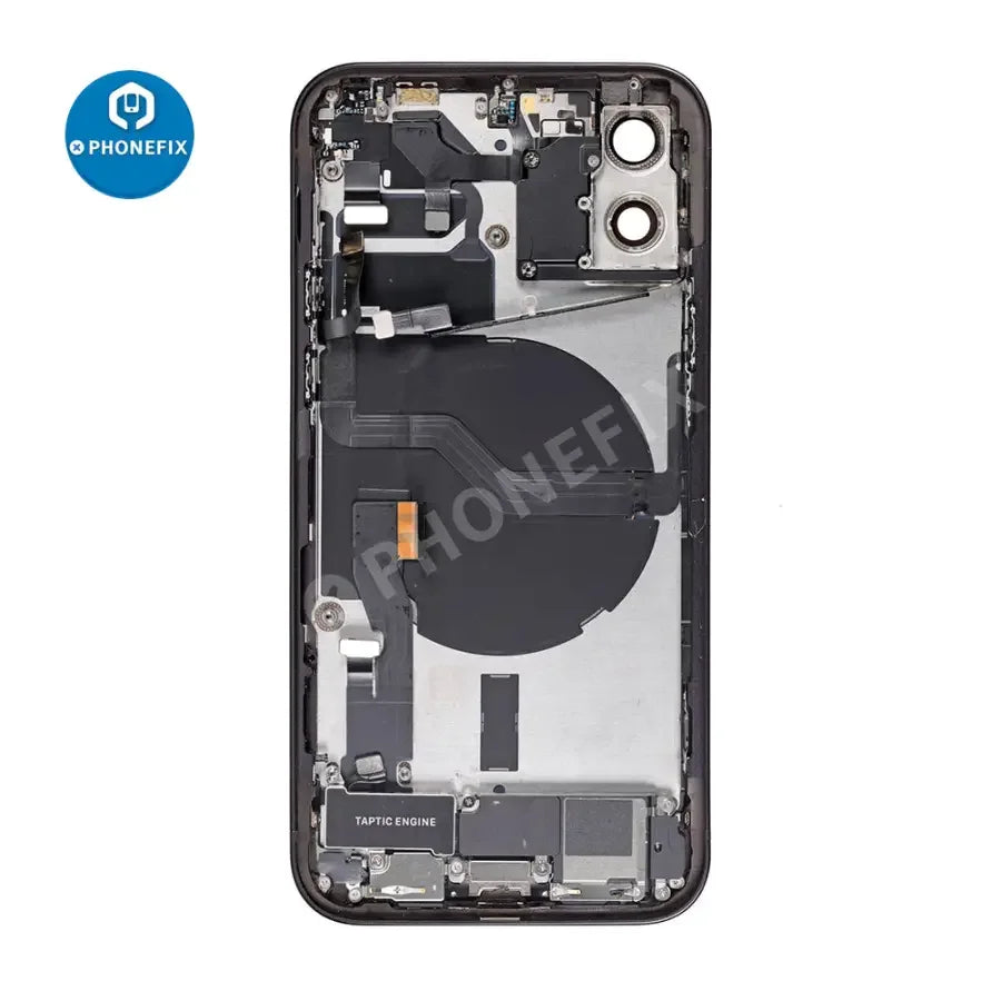 Black back cover full assembly replacement for iPhone 12 by PHONEFIX, showing the new back glass and frame for repair.