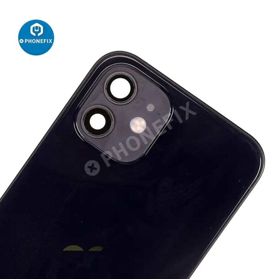 Black PHONEFIX back glass replacement full assembly for iPhone 12 showing the rear cover with camera cutout and smooth finish.