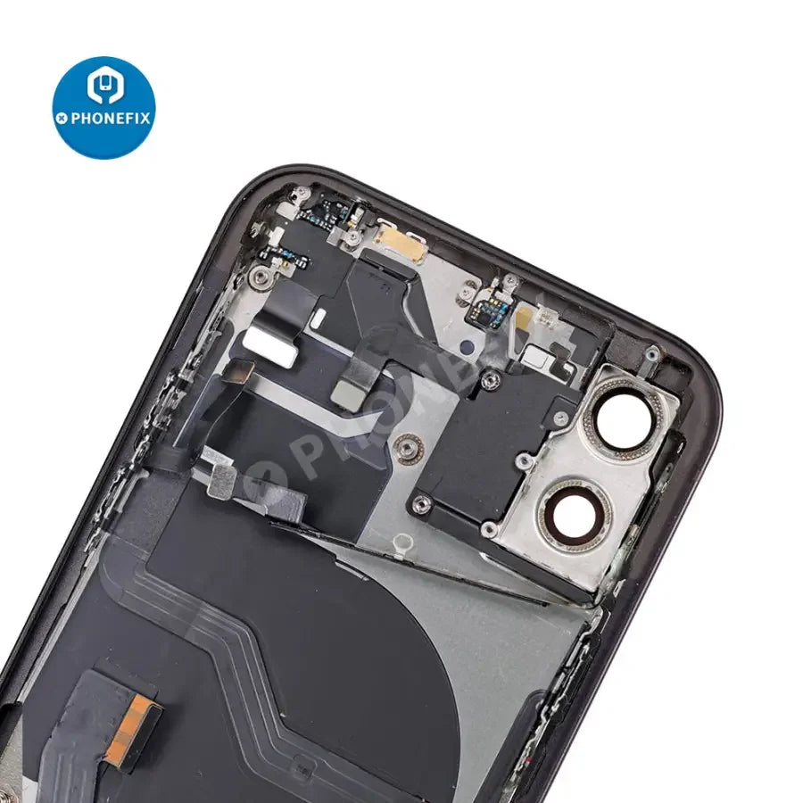 PhoneFix black back glass cover for iPhone 12, full assembly replacement showing the rear view of the smartphone.
