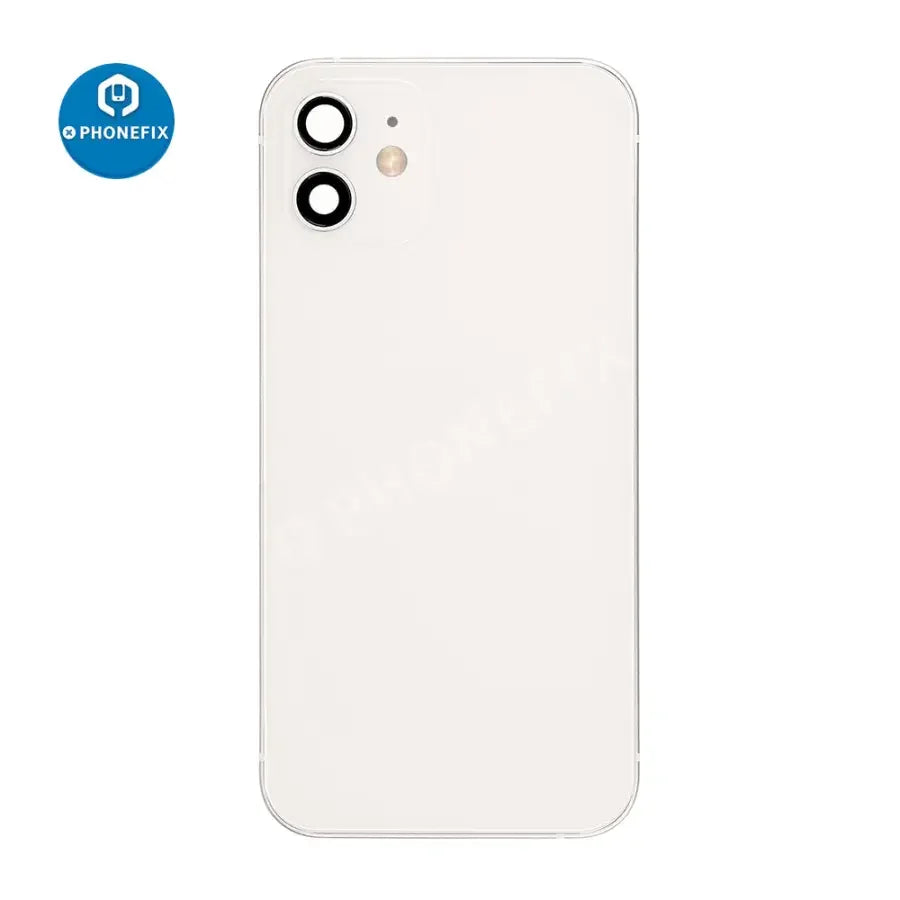 PHONEFIX black back glass cover for iPhone 12, full assembly replacement showing the rear side of the phone.