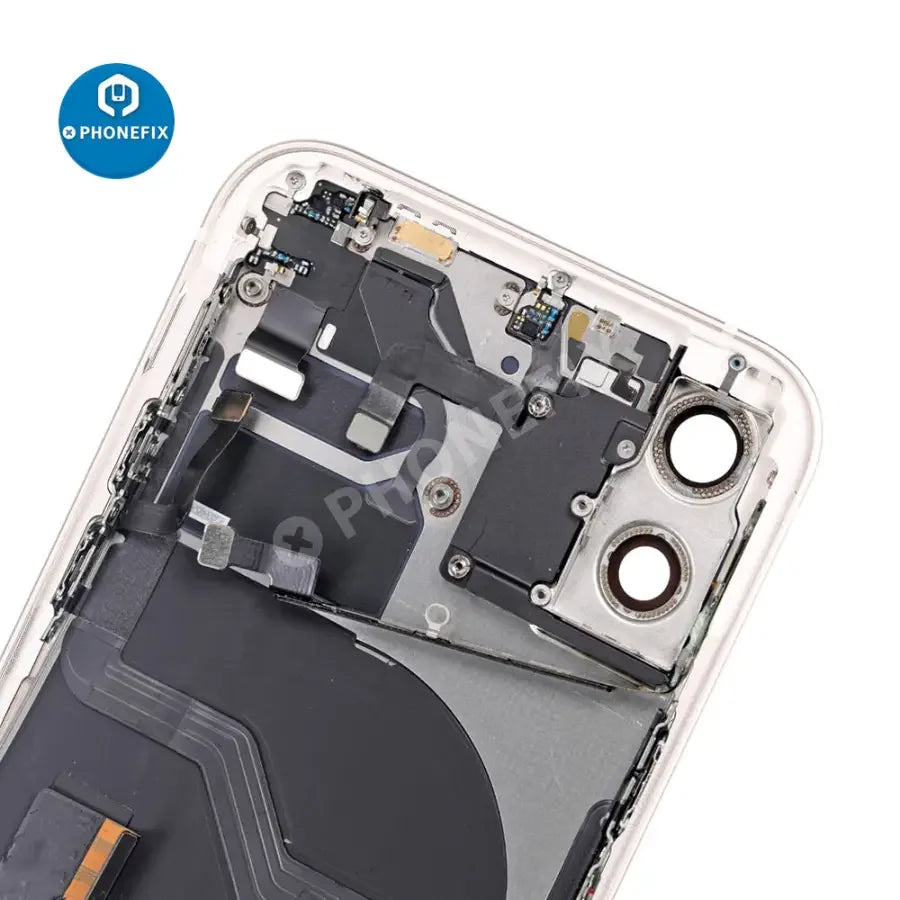 Black PHONEFIX back glass replacement full assembly for iPhone 12, showing the rear cover with camera cutout and sleek finish.