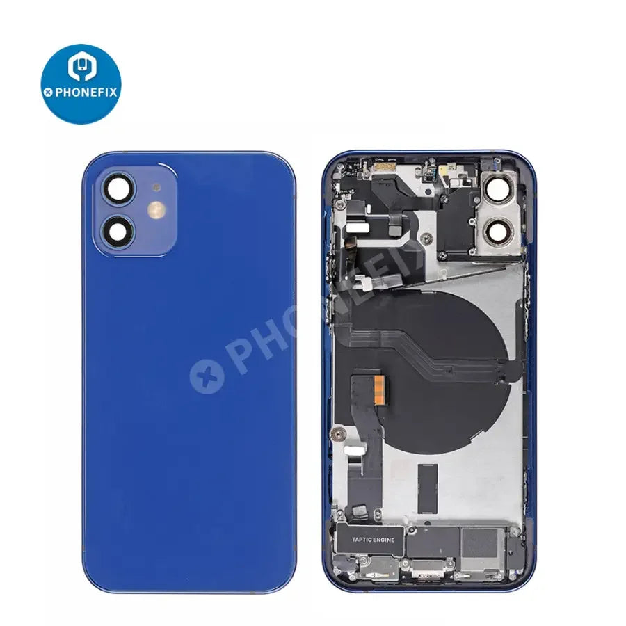 Black PhoneFix back glass replacement for iPhone 12, full assembly cover showing the rear view of the device.