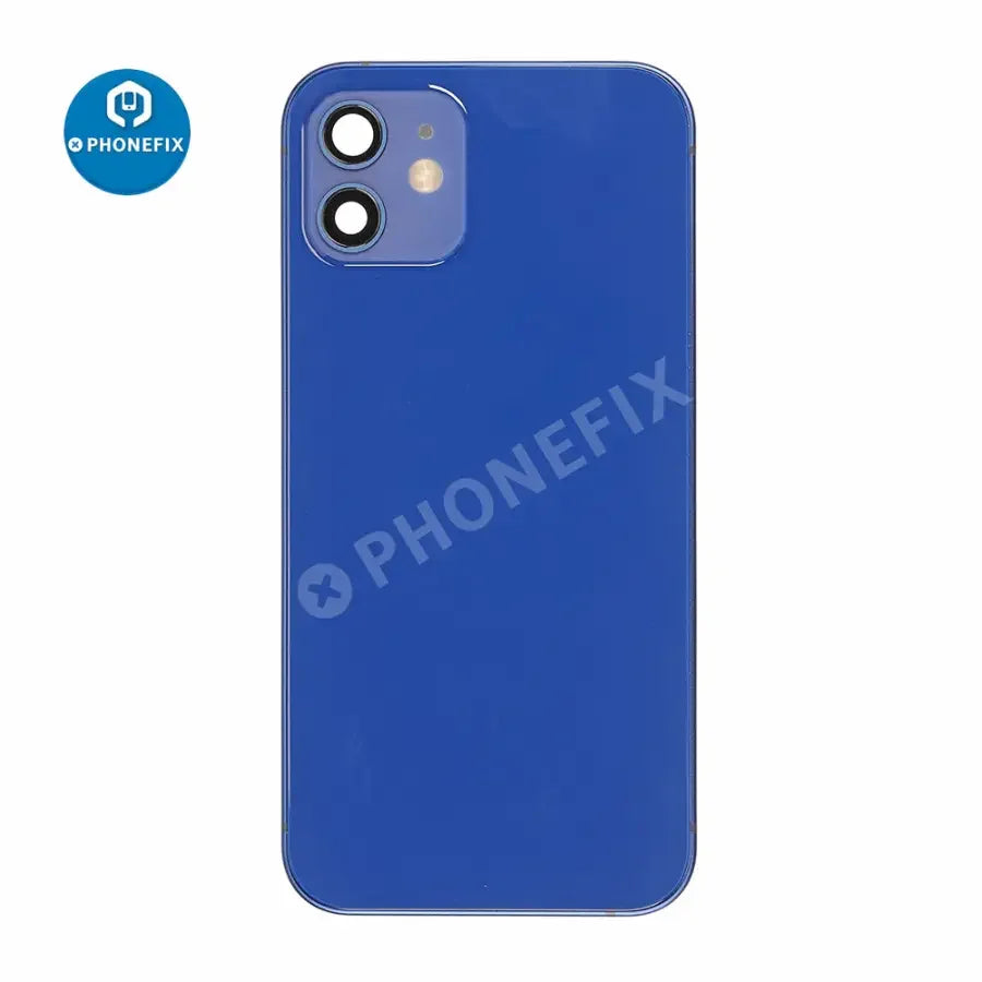 Black iPhone 12 back cover full assembly replacement by PHONEFIX, showcasing the back glass and rear panel for repair.