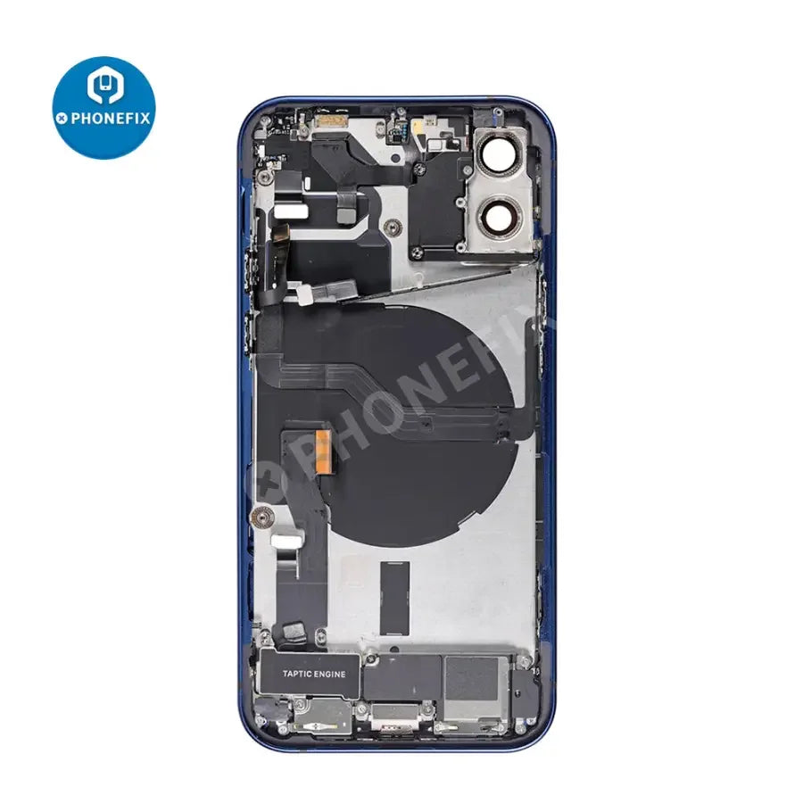Black PHONEFIX back glass replacement assembly for iPhone 12, showing the full rear cover and camera cutouts.