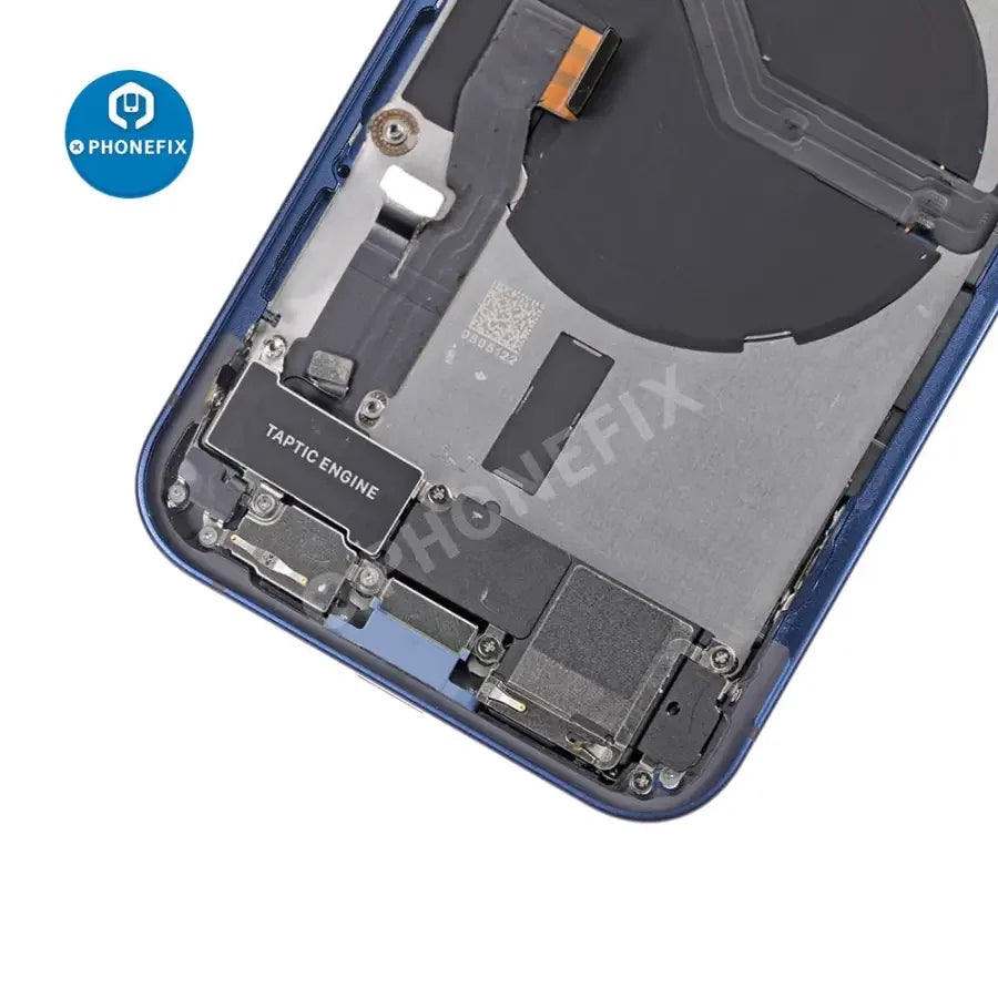 Black PHONEFIX back cover assembly for iPhone 12, full glass replacement showing the rear view of the phone.
