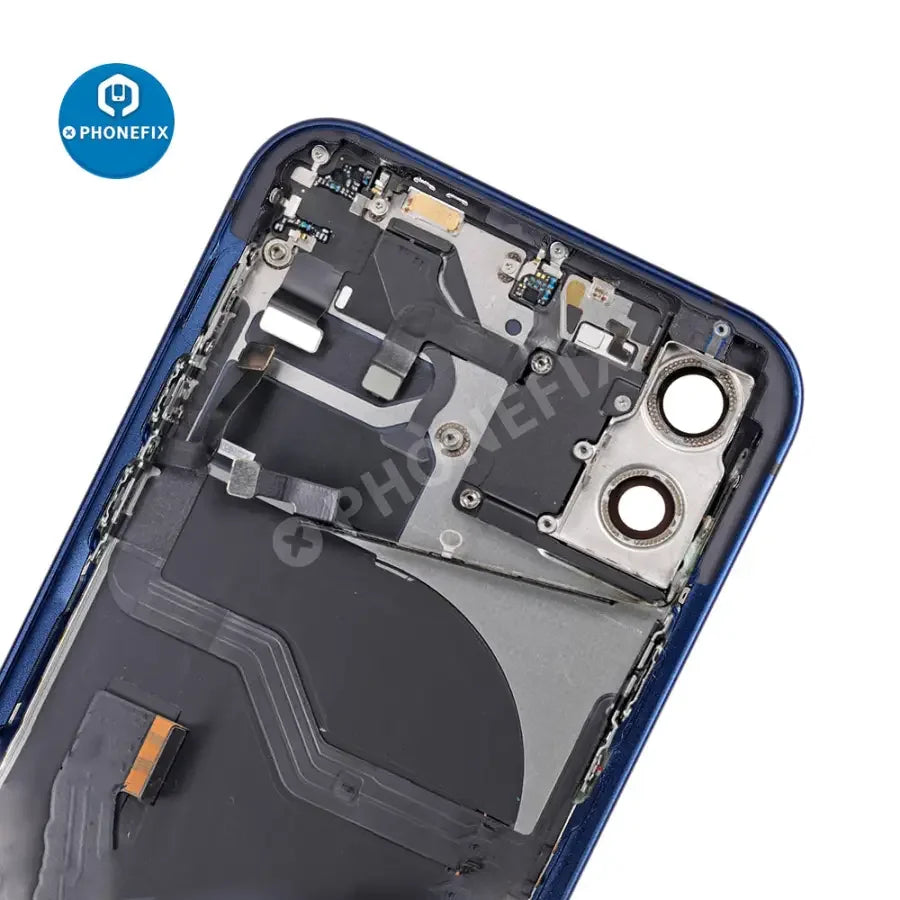 Black back glass cover for iPhone 12, PHONEFIX full assembly replacement, showing the rear view of the phone with new back cover.