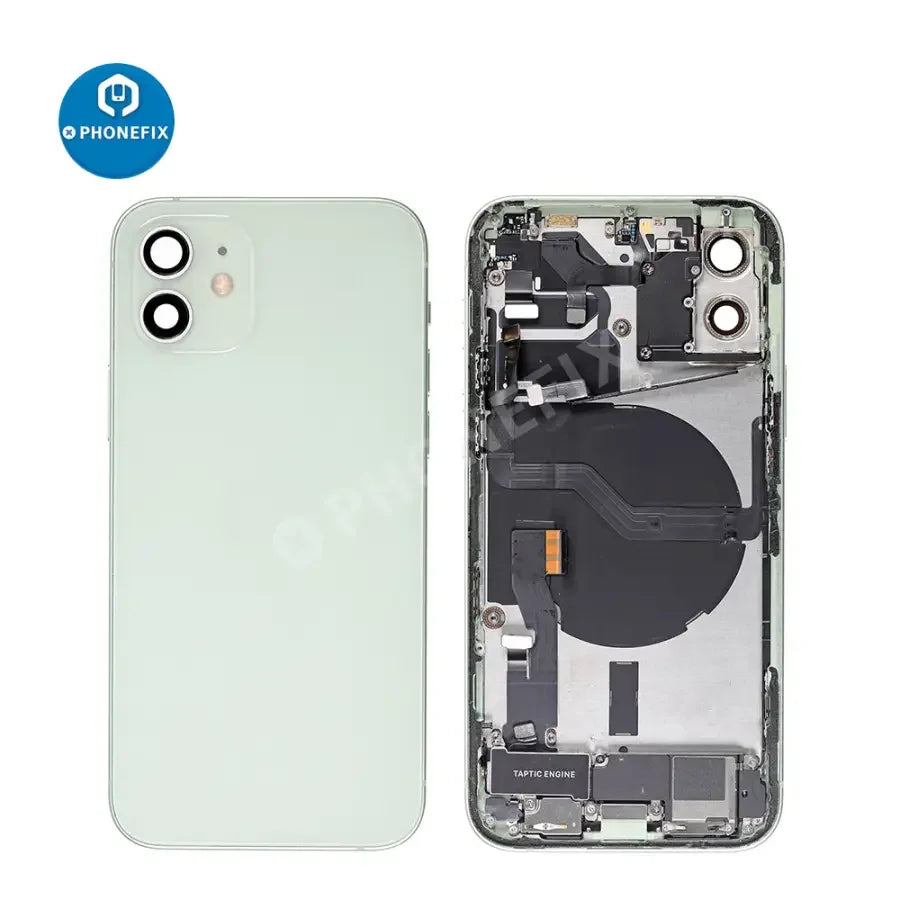 Black PHONEFIX back glass replacement for iPhone 12, full assembly backside cover for repair or replacement.