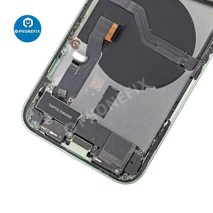 Black full back cover assembly for iPhone 12, PHONEFIX brand replacement back glass for phone repair.