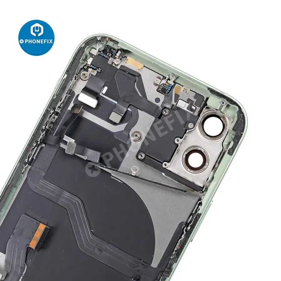 PhoneFix black back glass cover for iPhone 12, full assembly replacement showing the rear view of the phone.