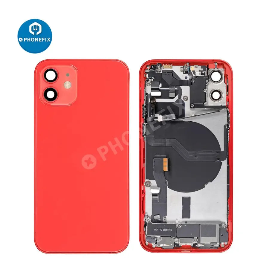 Black iPhone 12 back cover assembly replacement by PHONEFIX, showcasing the full rear glass back for repair or replacement.