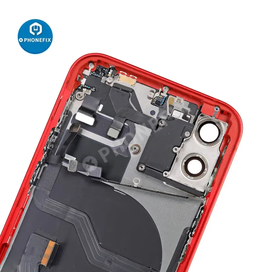 Black back cover full assembly replacement for iPhone 12 by PHONEFIX, showcasing the new glass back and frame for repair.