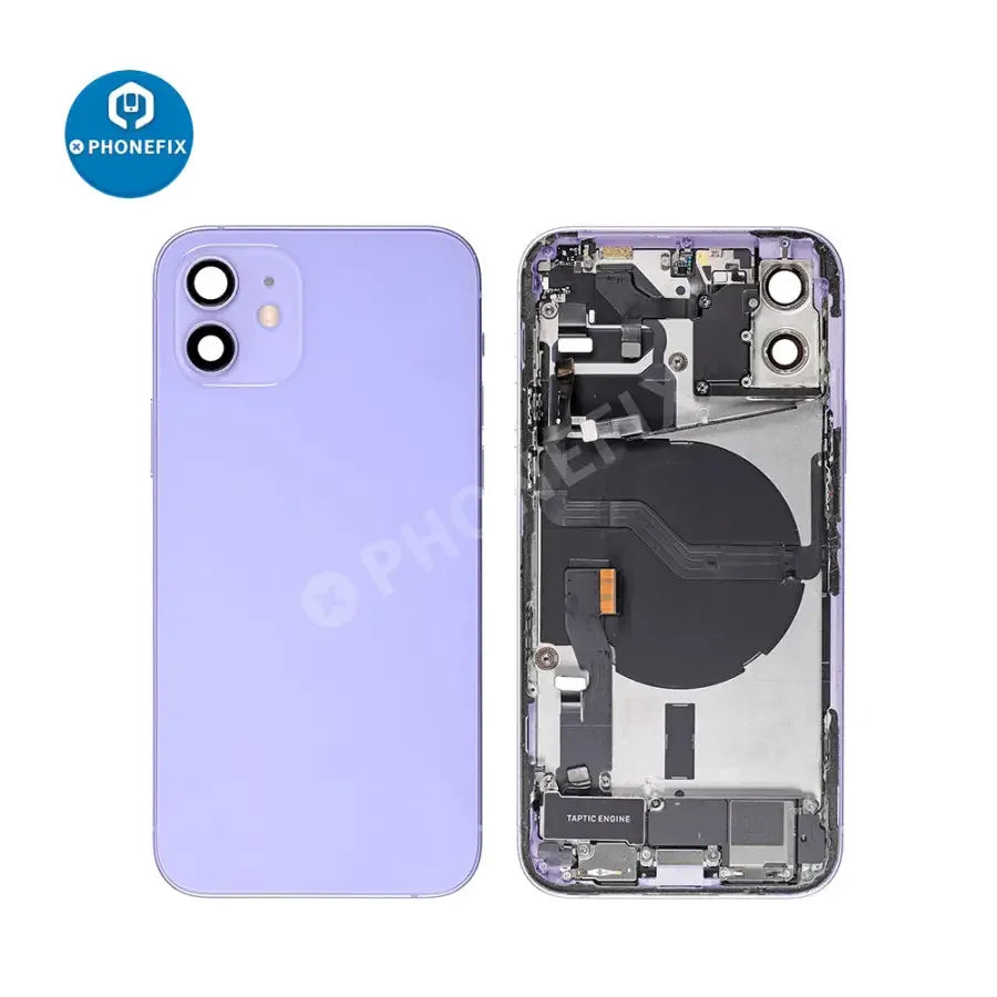Black back glass cover for iPhone 12, PHONEFIX full assembly replacement for back cover repair.