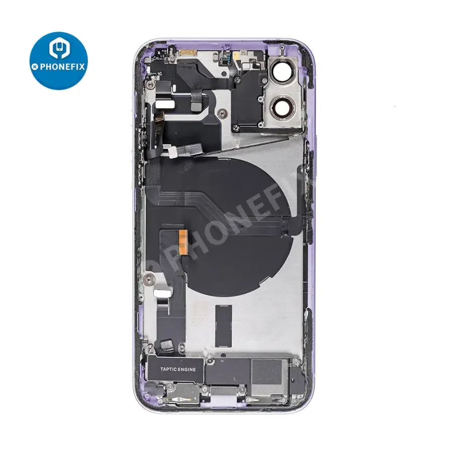 Black iPhone 12 back cover full assembly replacement by PHONEFIX, featuring a glass back for repair and replacement.