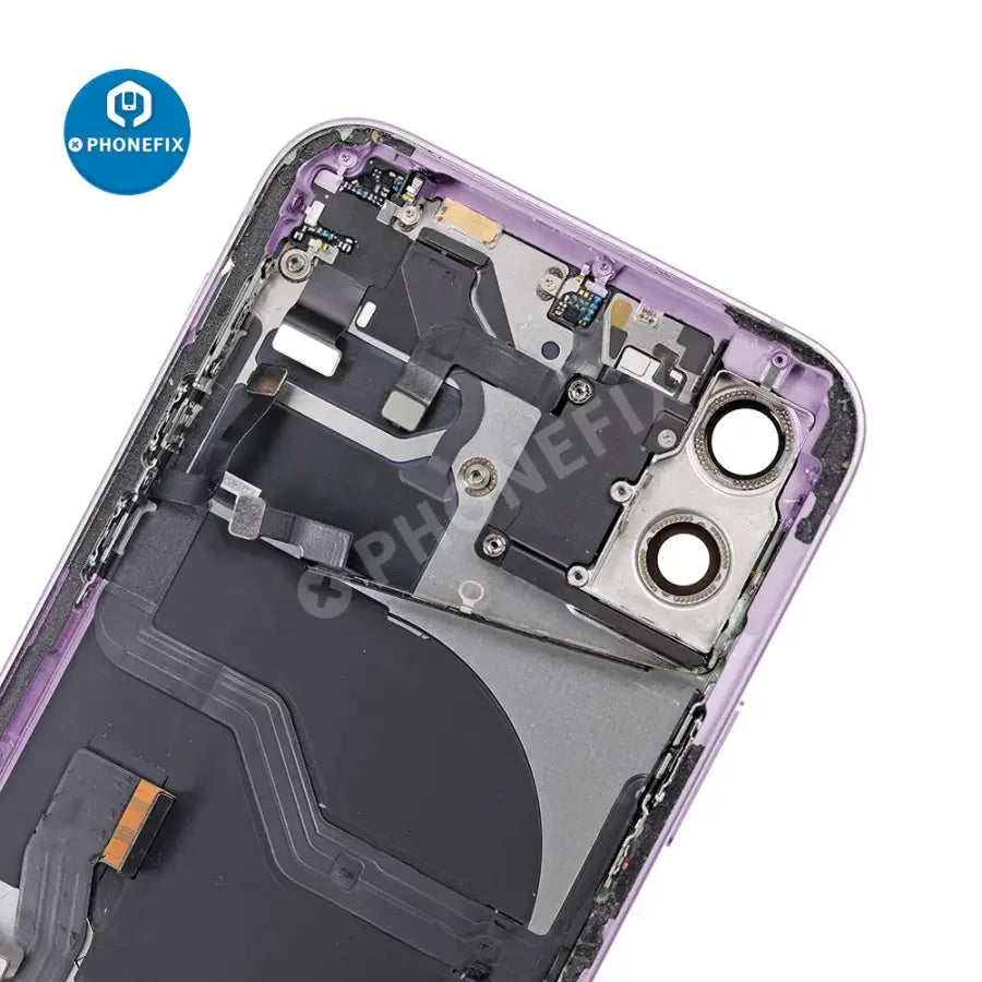 Black PHONEFIX iPhone 12 back glass replacement cover with full assembly for repair and replacement.