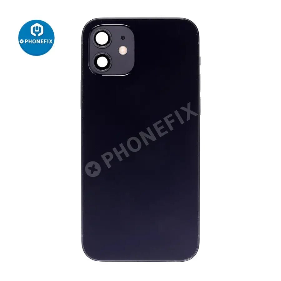 Black back glass cover for iPhone 12 Mini, full assembly replacement by PHONEFIX, showing the rear view of the phone.