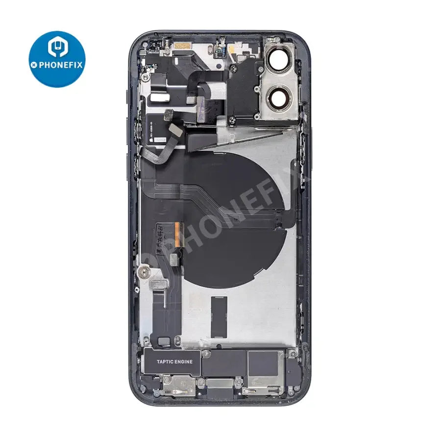 Black PHONEFIX back glass cover assembly for iPhone 12 Mini, showing the complete replacement back cover in a close-up view.
