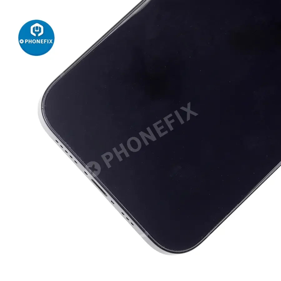 Black full back cover assembly for iPhone 12 Mini, replacement back glass by PHONEFIX, showing the rear view of the phone.