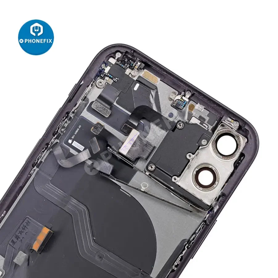 Black back cover assembly for iPhone 12 Mini replacement, showing the PHONEFIX back glass replacement part.
