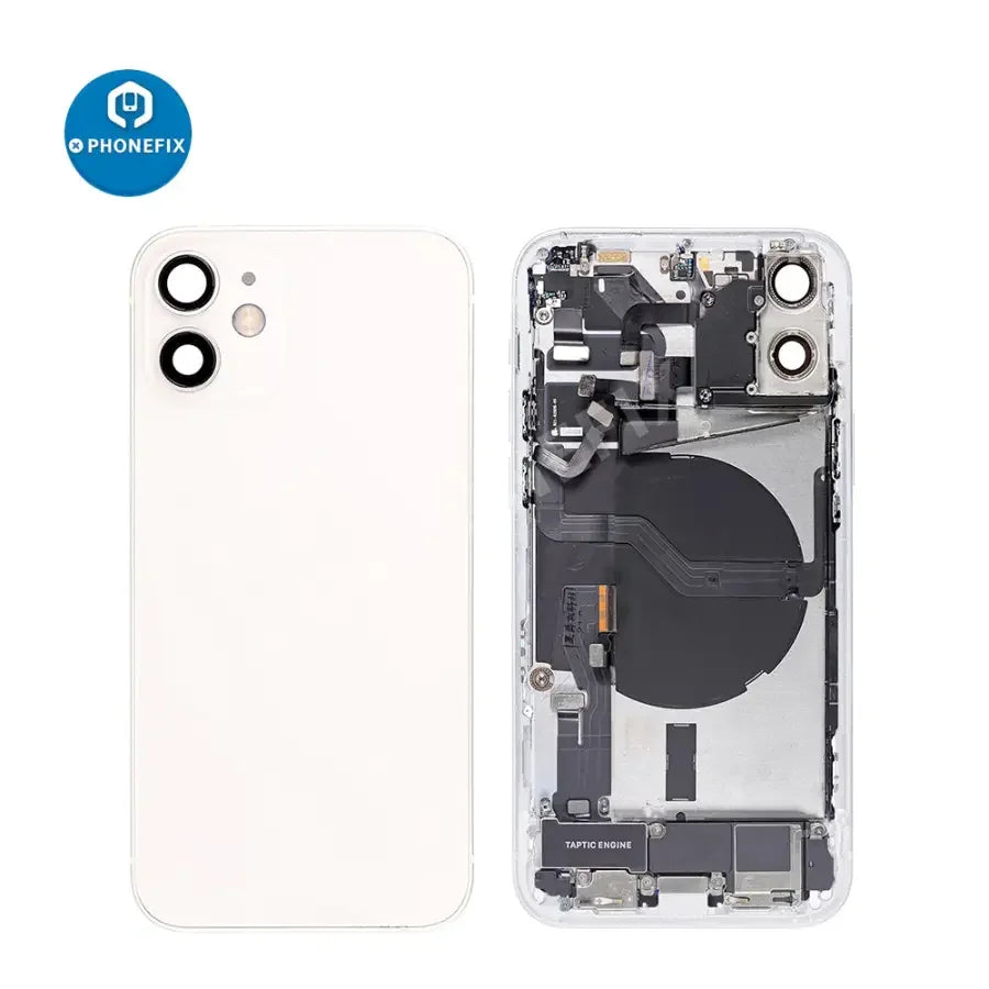 Black back glass cover for iPhone 12 Mini, full assembly replacement by PHONEFIX, showing the rear view of the phone.