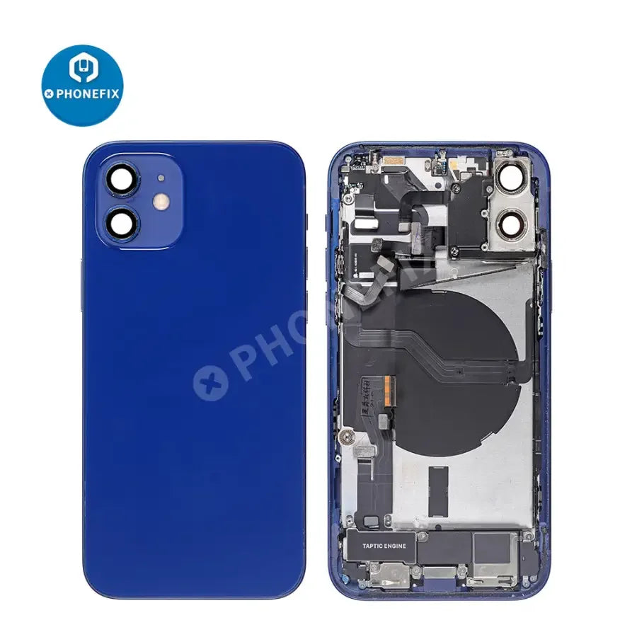Black back glass cover for iPhone 12 Mini, full assembly replacement by PHONEFIX, showing the rear view of the phone.