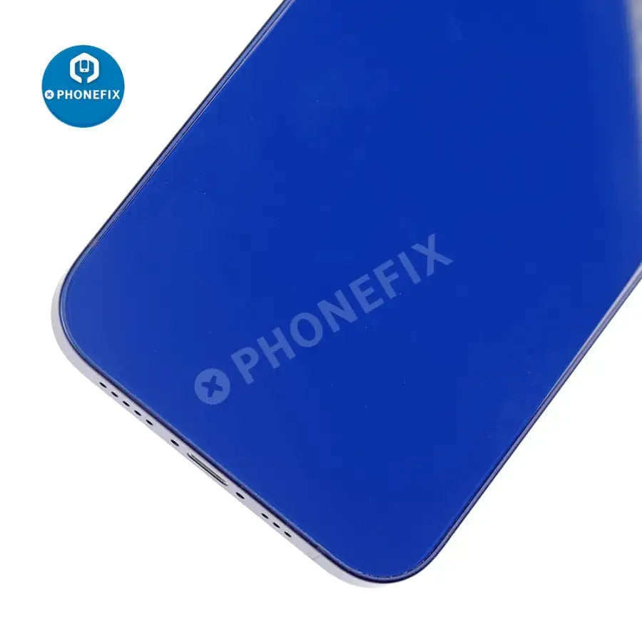 Black iPhone 12 Mini back cover replacement assembly by PHONEFIX, showing the full back glass replacement for repair.