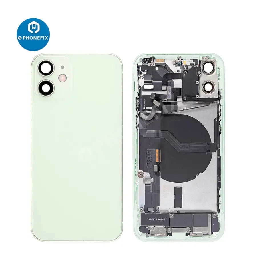 Black back glass cover for iPhone 12 Mini, full assembly replacement by PHONEFIX, showcasing the back cover and camera cutout.